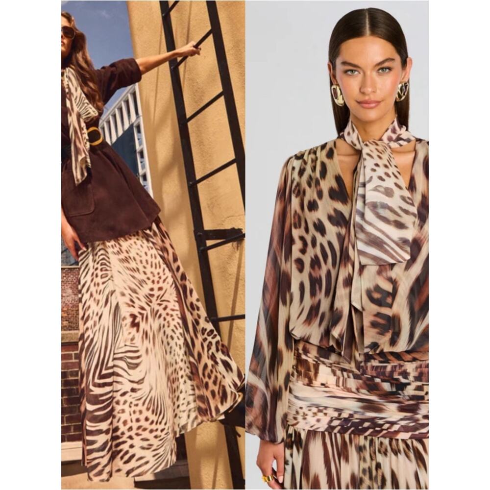 RETROFETE Opaline Long Sleeve Animal Print Ruched Draped Neck Maxi Dress Sz XS - Picture 2 of 9